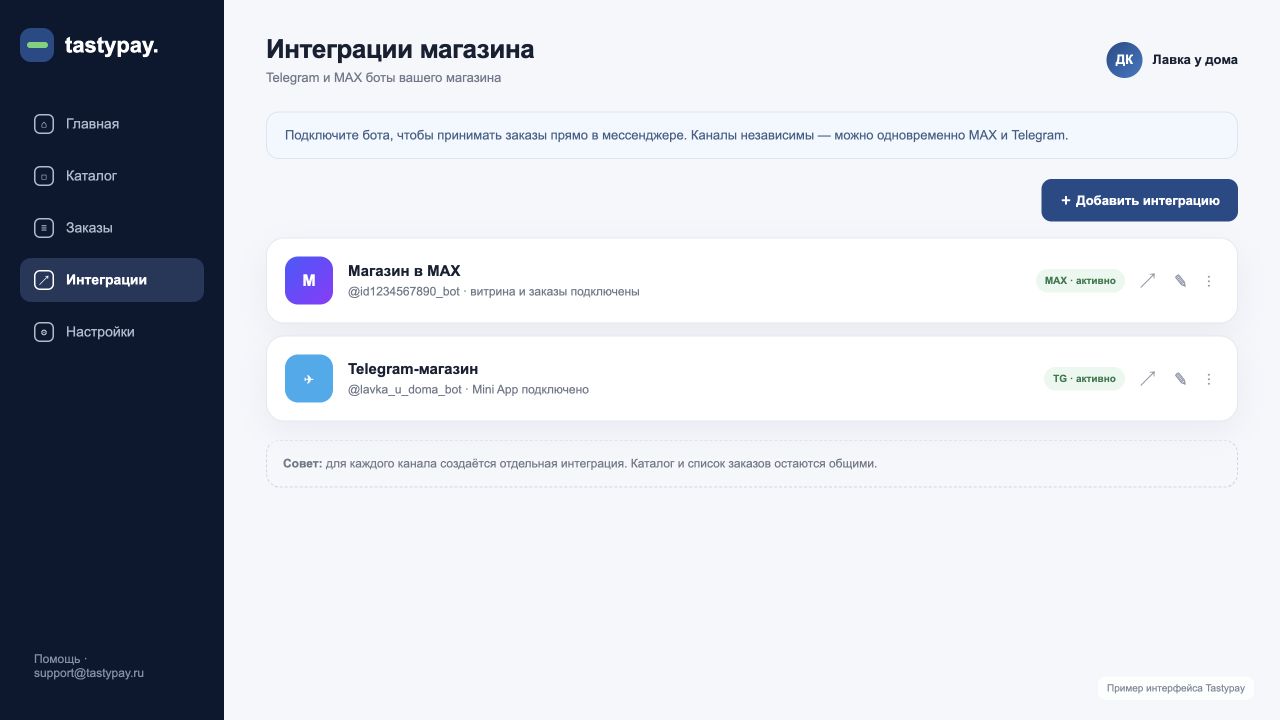 Список интеграций интернет-магазина с MAX и Telegram в Tastypay